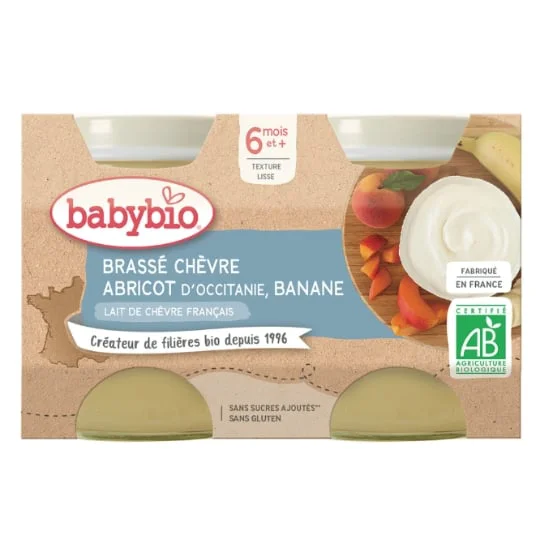 Dessert bébé dès 6 mois, brassé chèvre abricot d'Occitanie banane Bio
