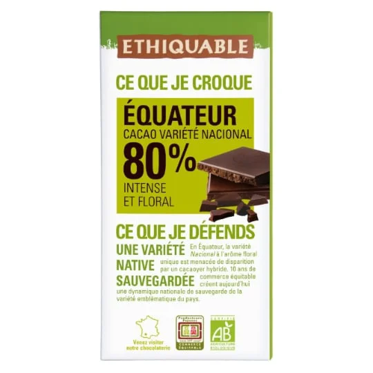 Chocolat noir 80% cacao intense et floral Equateur Bio