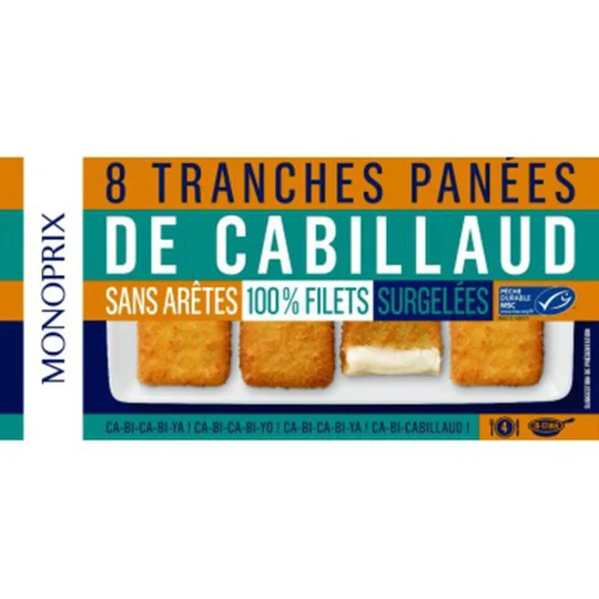 Tranches panées de cabillaud sans arêtes, 100% filets, surgelées
