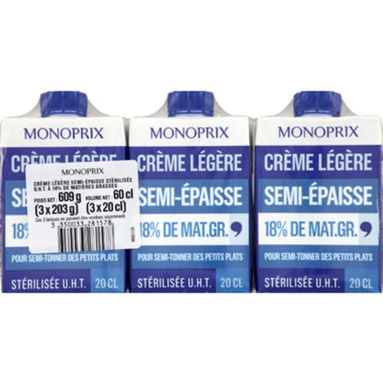 Crème légère semi-épaisse 18% MG