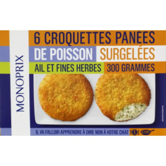 Croquettes panées de poisson à l'ail et aux fines herbes, Surgelées.