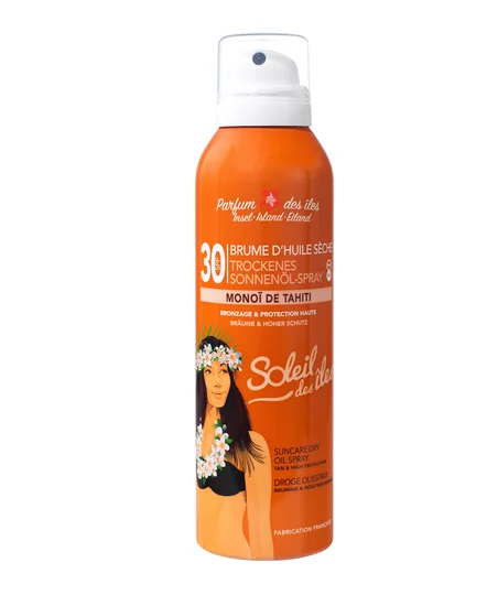 Brume huile sèche bronzage et protection haute parfum des îles SPF30
