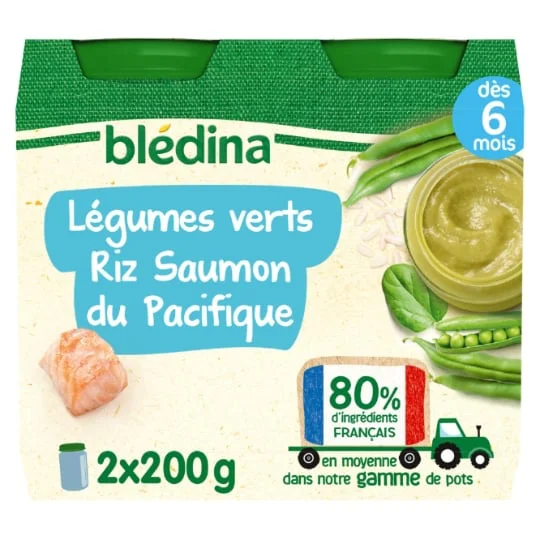 Petit pot bébé dès 6 mois légumes verts riz saumon