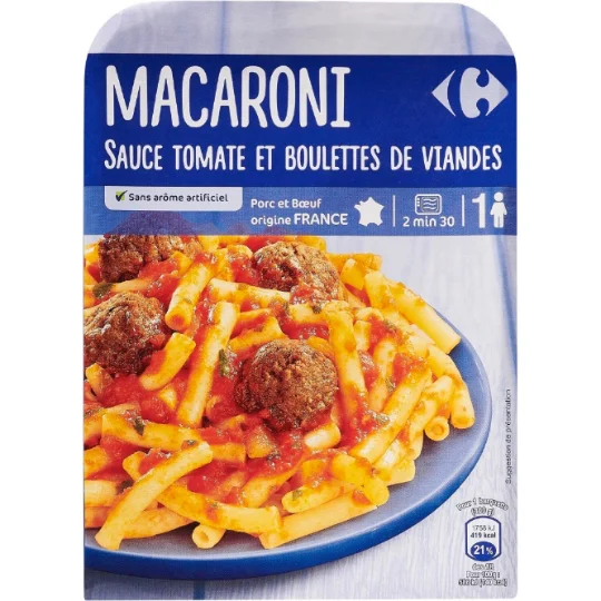 Plat cuisiné macaroni boulettes de viande