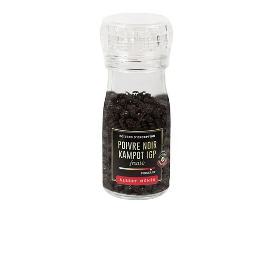 Poivre noir de Kampot IGP en grains en moulin