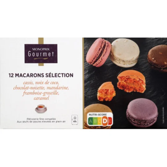 Macarons sélection, cassis, nois de coco, chocolat-noisette, mandarine, framboise-groseille, caramel, pâtisserie fine congelée