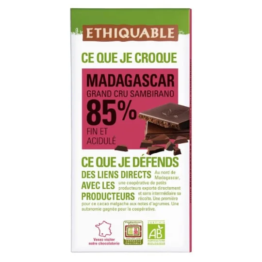 Chocolat noir 85% cacao fin acidulé Madagascar Bio