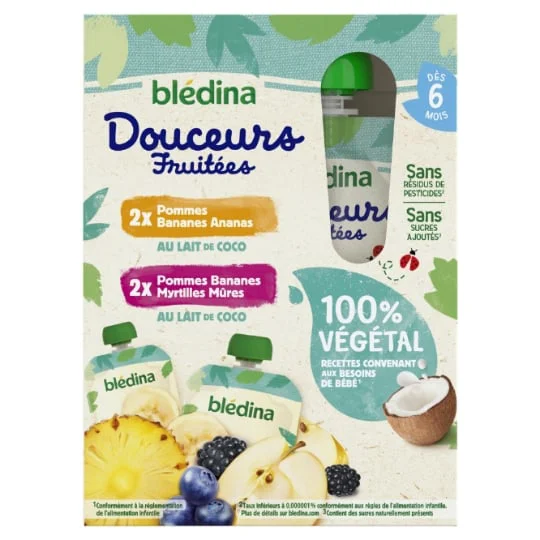 Compote bébé végétale dès 6 mois pommes bananes ananas lait de coco et pommes bananes myrtilles mûres lait de coco