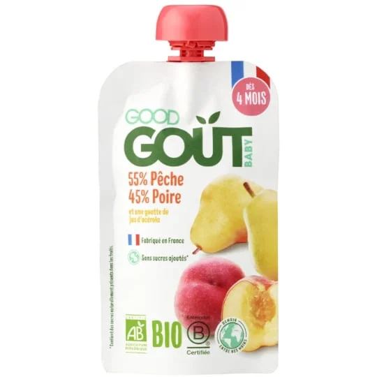 Purée de fruits à boire bébé dès 4 mois poire pêche sans sucres ajoutés Bio