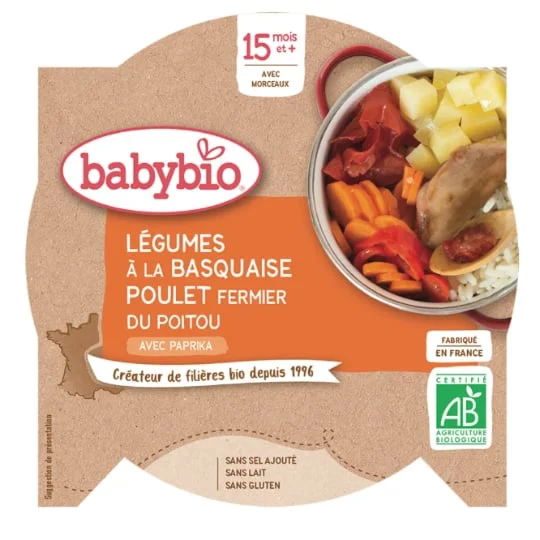 Assiette légumes à la basquaise poulet fermier paprika bio dès 15 mois