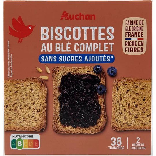 Biscottes au blé complet sans sucres ajoutés