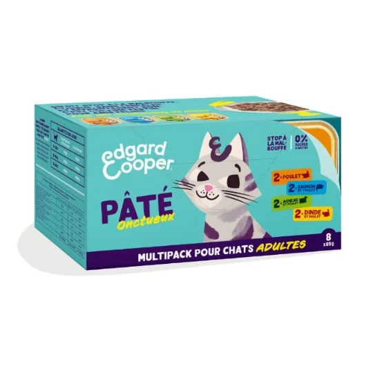 Pâté pour chat adultes onctueux poulet, saumon et poulet, agneau et poulet, dinde et poulet
