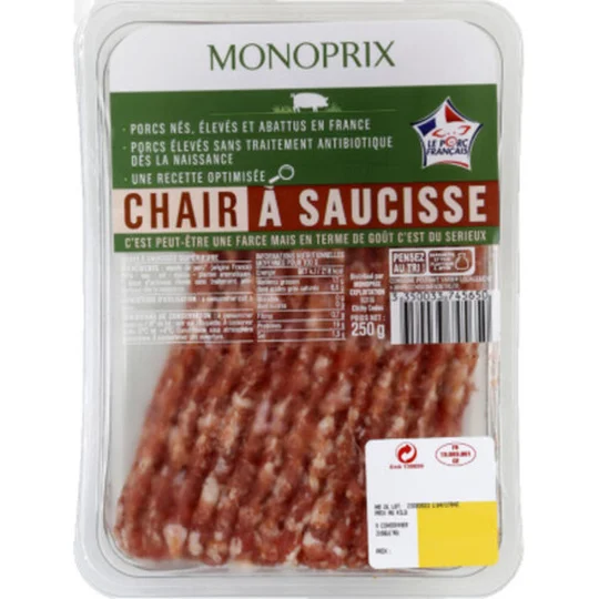 Chair à saucisse de porc élevé sans traitement antibiotique