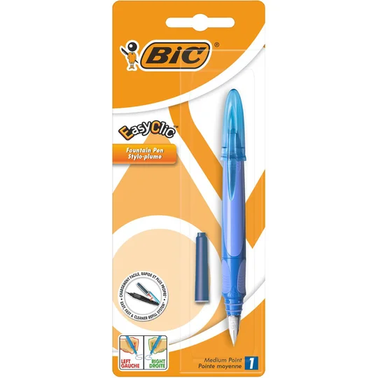 Stylo plume pointe moyenne rechargeable EasyClic bleu + 1 petite cartouche d'encre