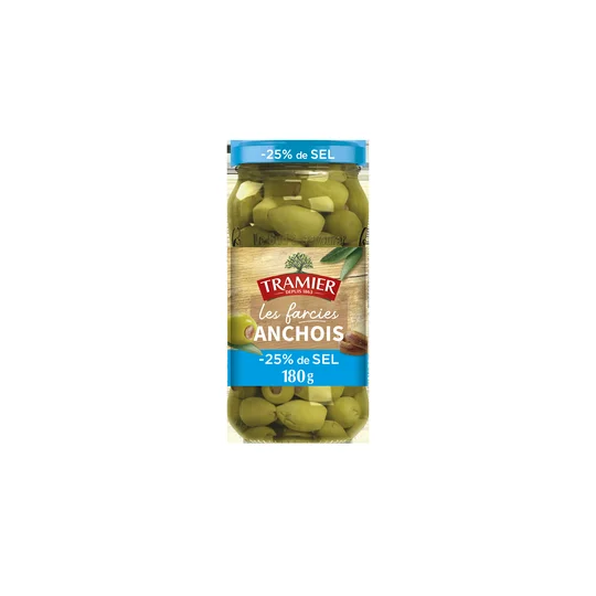Olives vertes farcies anchois réduite en sel