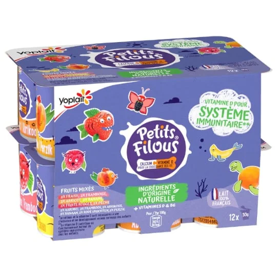 Yaourt enfants fruits mixés fraise framboise abricot banane fruits rouges pêche