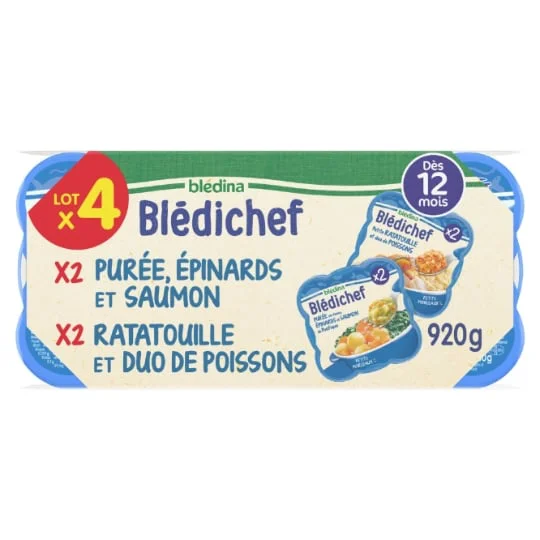 Plat bébé dès 12 mois purée épinards saumon et ratatouille duo de poissons