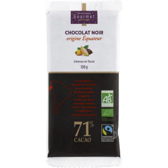 Chocolat noir Origine Equateur, intense & floral, 71% de cacao