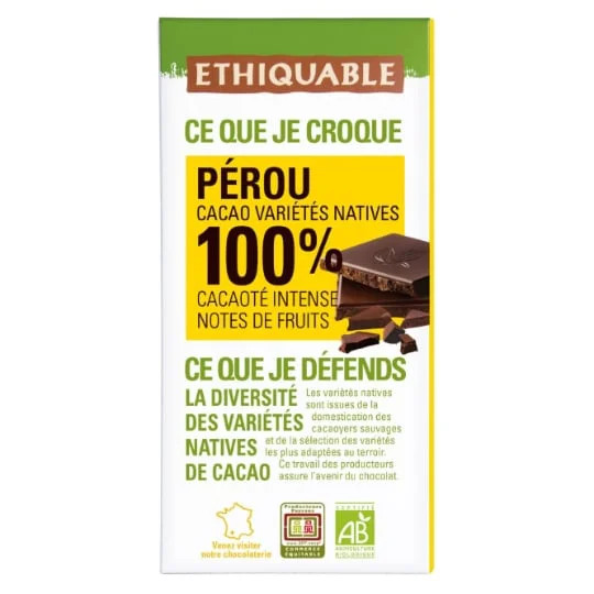 Chocolat noir 100% cacao rond et chocolaté Pérou Bio