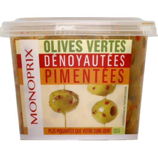 Olives vertes dénoyautées pimentées