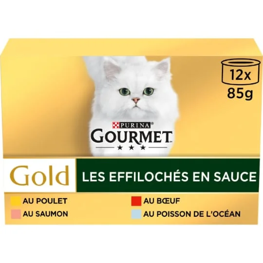 Aliment pour chat les effilochés en sauce poulet boeuf saumon poisson
