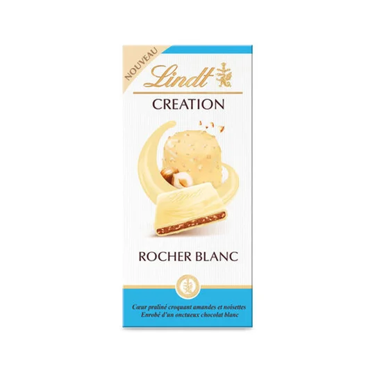 Création Chocolat Blanc Rocher Blanc cœur Praliné Croquant