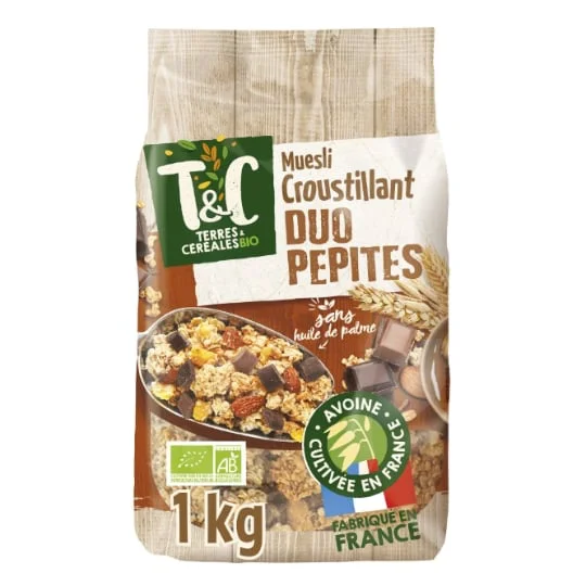 Céréales muesli croustillant duo pépites chocolat noir et chocolat au lait Bio