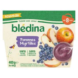 BLÉDINA Purée de fruits bébé dès 8 mois pommes myrtilles 4x100g