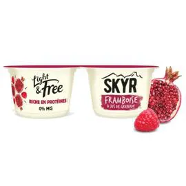 DANONE, LIGHT & FREE Yaourt skyr lit framboise grenade allégé 0% MG 2x145g