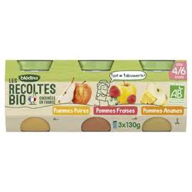 BLÉDINA, LES RECOLTES BIO Petit pot dessert pommes poires fraises ananas bio - dès 4 mois 3x130g