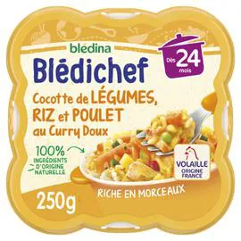 BLÉDINA, BLÉDICHEF Plat bébé dès 24 mois cocotte de légumes riz et poulet au curry doux 250g