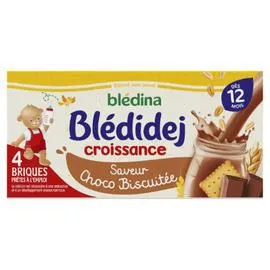 BLÉDINA, BLÉDIDEJ Lait et céréales bébé dès 12 mois saveur choco biscuité Croissance 4x250ml