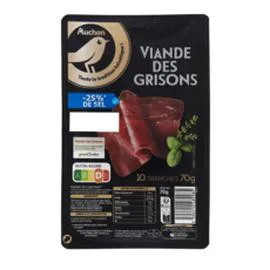 AUCHAN GOURMET Viande des grisons réduit en sel 70g