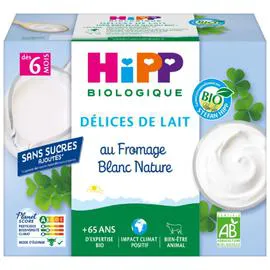 HIPP BIOLOGIQUE Fromage Blanc Nature Sucré, dès 6 mois 4x100g