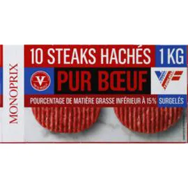 MONOPRIX Steaks hachés pur boeuf 15% mg, surgelés 1kg