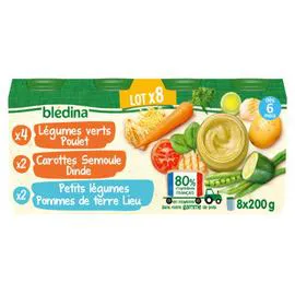 BLÉDINA Petit pot bébé dès 6 mois légumes verts poulet, carottes semoule dinde et légumes pommes de terre lieu 8x200g