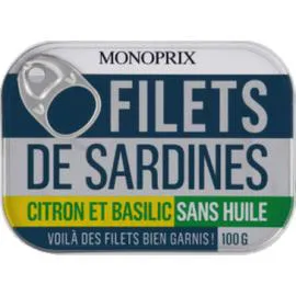 MONOPRIX Filets de sardines au citron & basilic, sans huile 70g