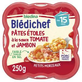 BLÉDINA, BLÉDICHEF Plat bébé dès 15 mois pâtes étoiles à la sauce tomate et jambon 250g
