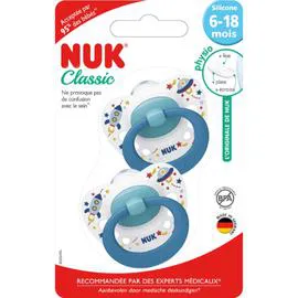 NUK Sucettes bleu silicone 6-18 mois Classic x2