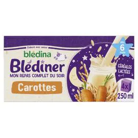 BLÉDINA, BLÉDÎNER Lait et céréales bébé dès 6 mois repas du soir saveur carottes 4x250ml