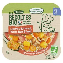 BLÉDINA, LES RECOLTES BIO Plat bébé carottes butternut patate douce et poulet - dès 12 mois 230g