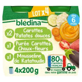 BLÉDINA Petit pot bébé dès 6 mois carottes patates douces, purée carottes choux-fleurs et mousseline de ratattouille 4x200g