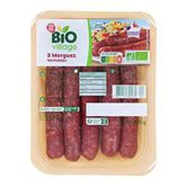 MARQUE REPÈRE, BIO VILLAGE Merguez véritables Bio x5 275g