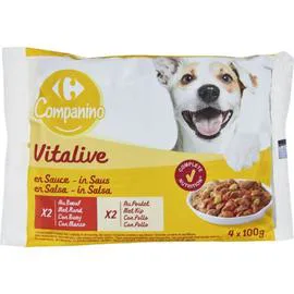 CARREFOUR Pâtée pour chien émincés aux viandes et légumes 4x100g