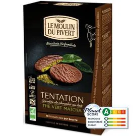 MOULIN DU PIVERT Biscuits Tentation Chocolat Noir Au Thé Vert Matcha Bio 130g