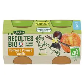 BLÉDINA, LES RECOLTES BIO Compote bébé pommes prunes vanille - dès 6 mois 2x130g