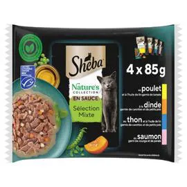 SHEBA Pâtée pour chat Adulte en sauce au poulet, à la dinde, au thon & saumon 340g