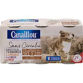 CANAILLOU Sans Céréales - Terrines volaille-caille-boeuf pour chien 3x400g
