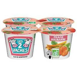 LES 2 VACHES Yaourt fruits bio brassé fraise rhubarbe 4x115g