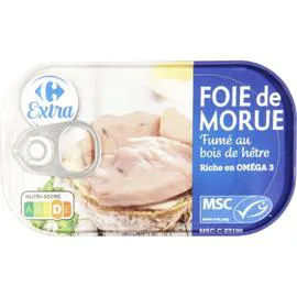 CARREFOUR EXTRA Foie de morue fumé au bois de hêtre 121g